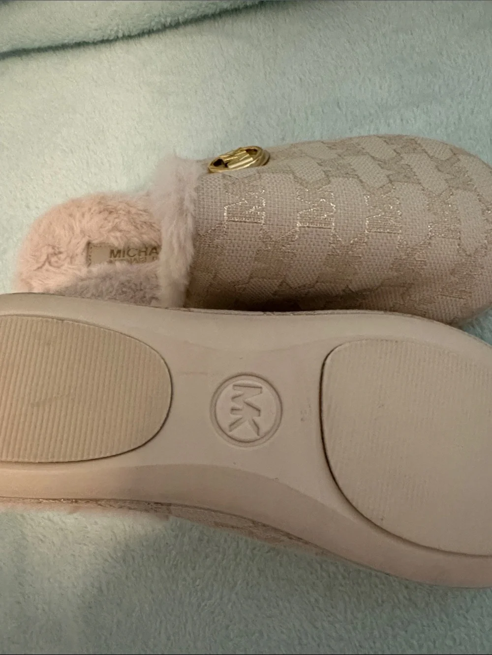 Michael Kors Pale Pink Faux-Fur Logo Slip-On Slippers